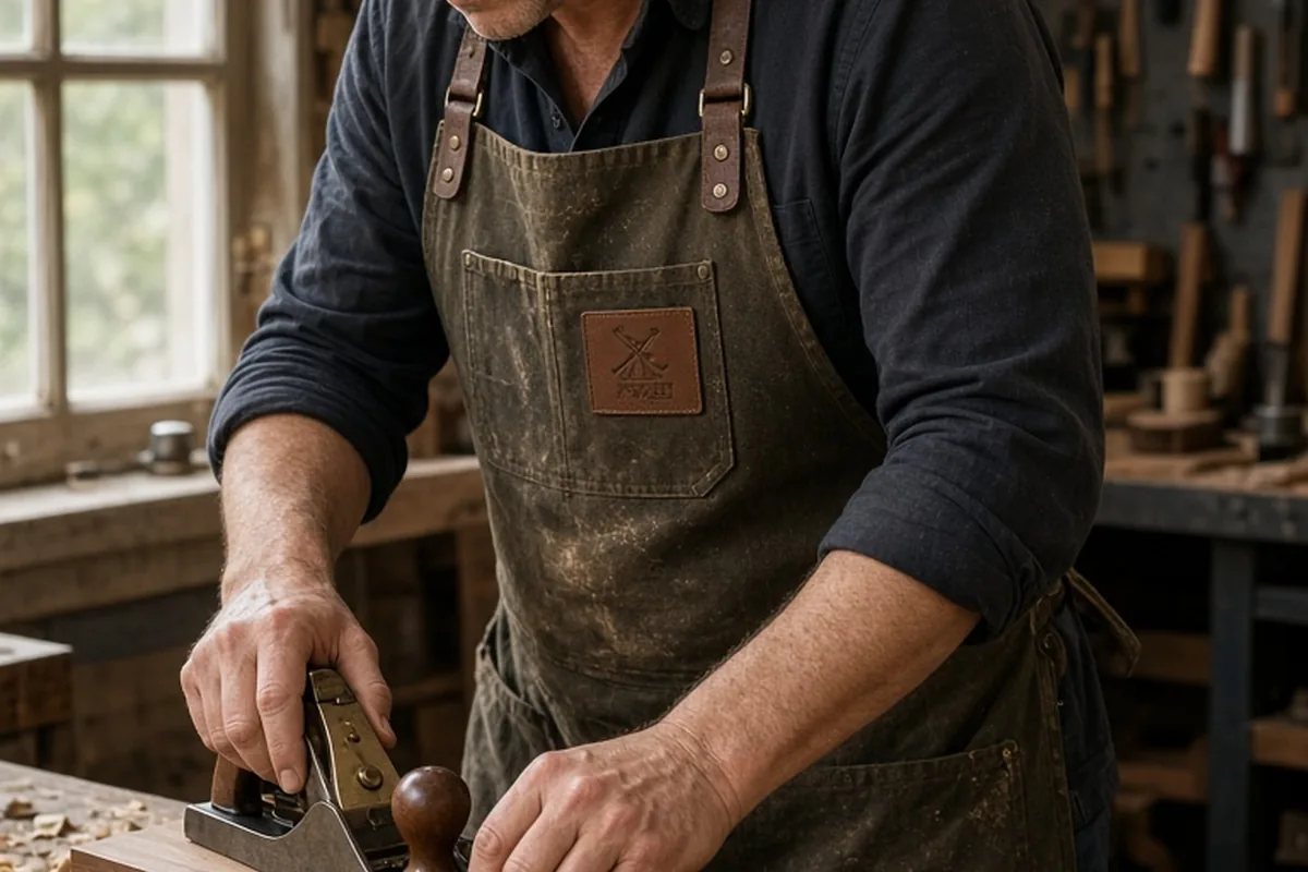A man in his forties with short salt-and-pepper hair wearing a heavy-duty waxed canvas shop apron in a garage woodworking shop, focused on shaping a piece of wood