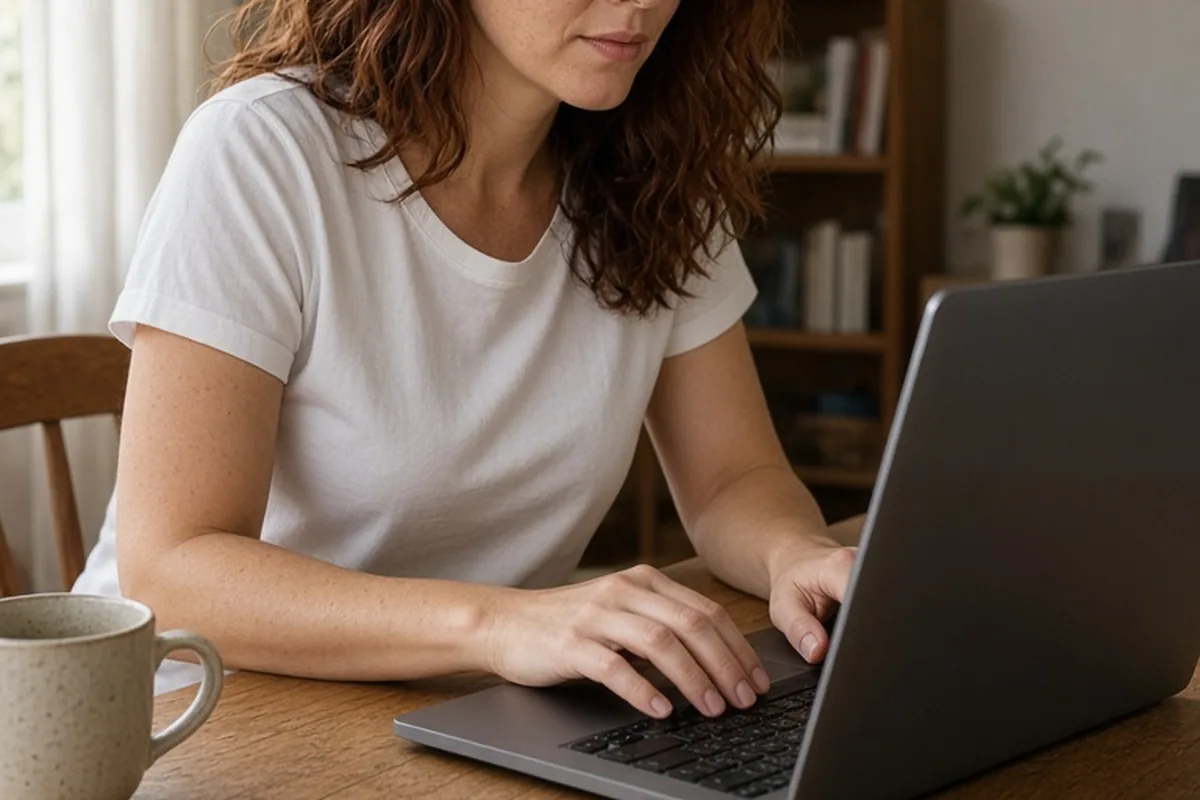 A woman in her early thirties sitting at a desk using a laptop to enter her birth details, in a medium shot with natural daylight