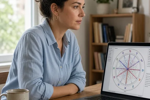 A clearly adult woman in a home office studying a birth chart on her laptop screen