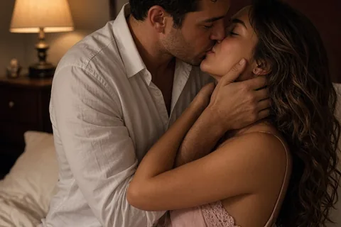 A clearly adult man and woman in a dimly lit bedroom passionately kissing with the man cupping the woman's face.