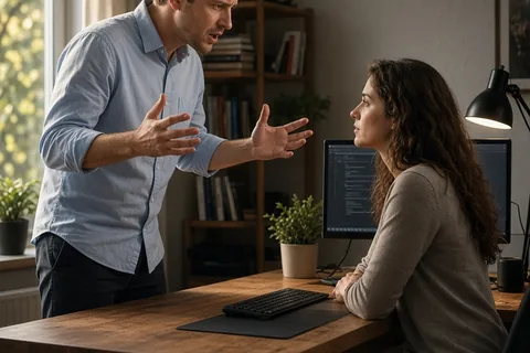 A clearly adult man gesturing in frustration while talking to a clearly adult woman who is listening attentively in an office setting