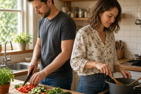 Two adults in a home kitchen preparing a meal together, one chopping vegetables and the other stirring a pot