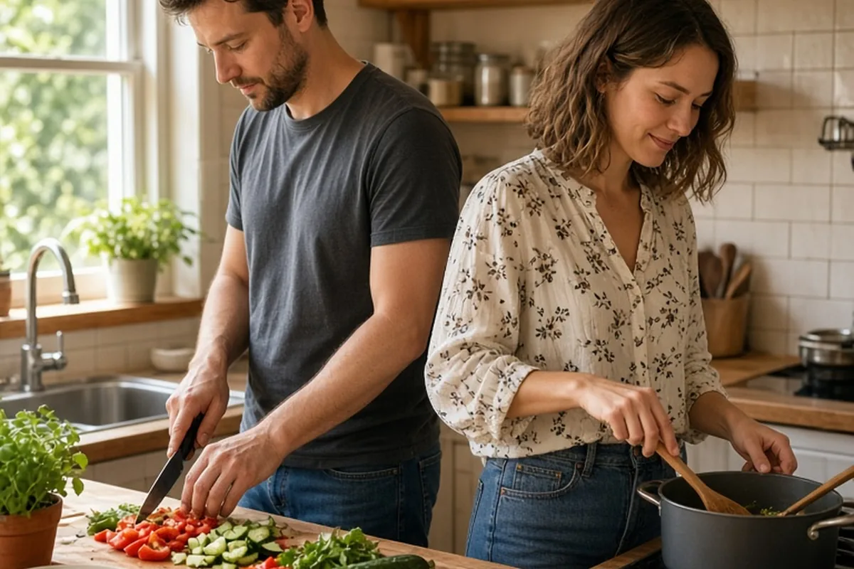 Two adults in a home kitchen preparing a meal together, one chopping vegetables and the other stirring a pot