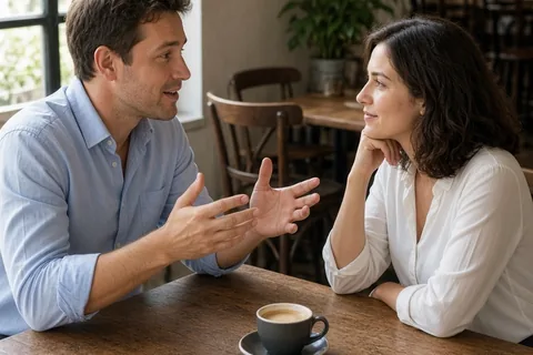 A clearly adult man in his early thirties with short brown hair and a clearly adult woman in her mid-twenties with shoulder-length wavy brown hair sit across from each other at a wooden table in a caf