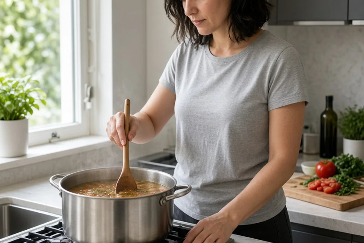 A woman in her thirties cooking soup in her kitchen
