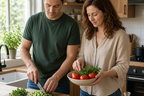 A man with short black hair and a woman with wavy auburn hair in a kitchen, the man slicing vegetables at the counter while the woman arranges ingredients in a bowl.