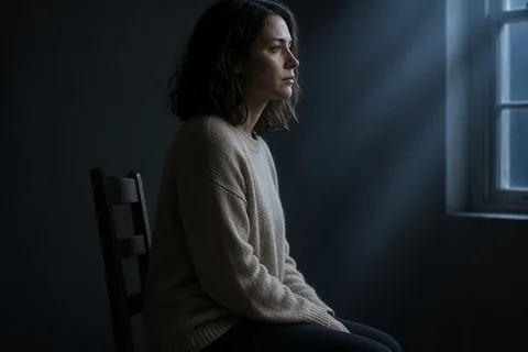 A woman in her thirties sits alone in a dark room with a beam of moonlight illuminating her thoughtful face.