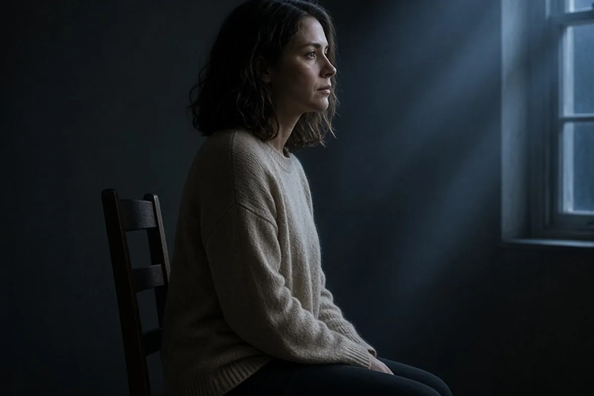A woman in her thirties sits alone in a dark room with a beam of moonlight illuminating her thoughtful face.