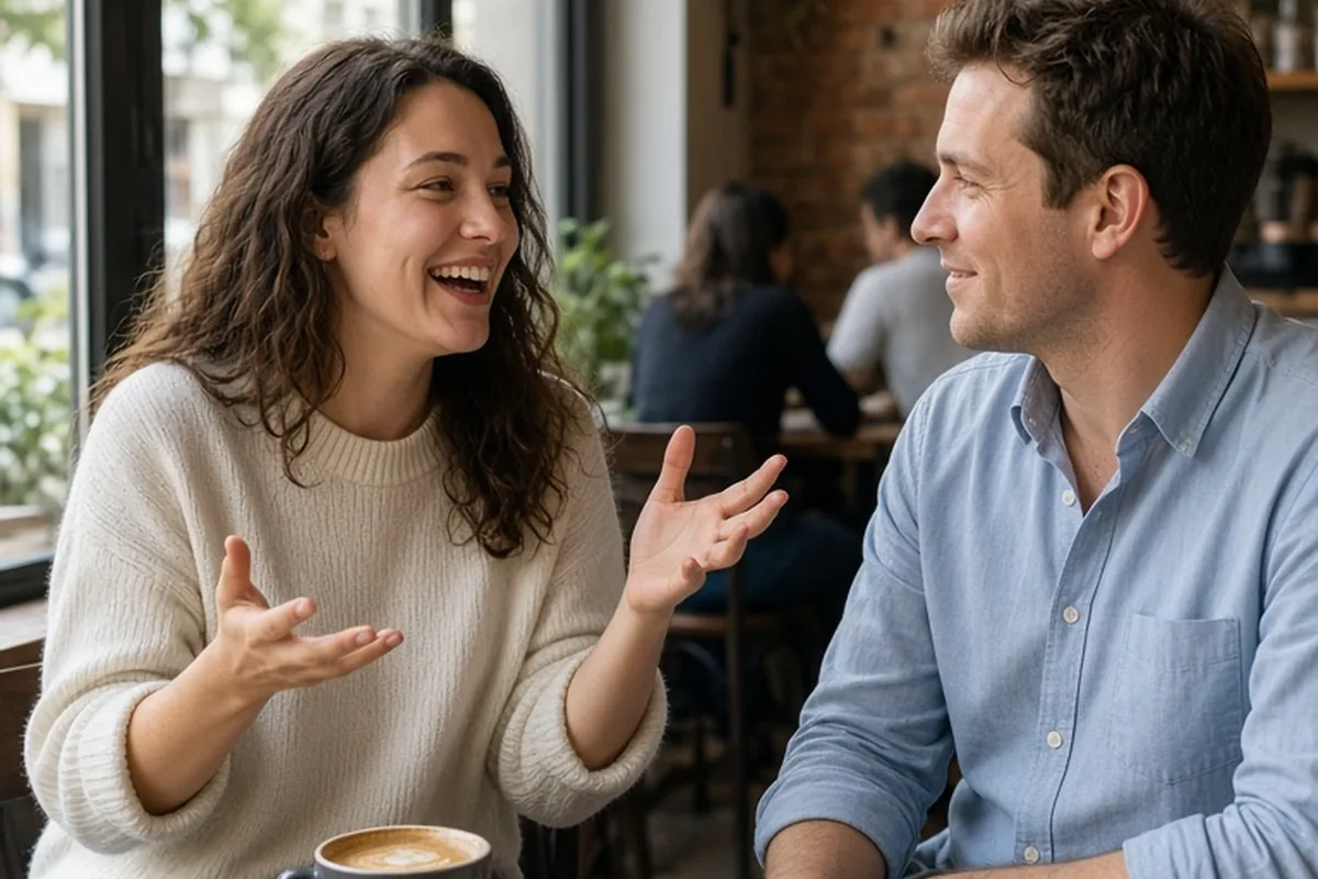 Woman with wavy brown hair laughing and gesturing while talking to a man with short brown hair at a table in a coffee shop, coffee cups and notebook on table