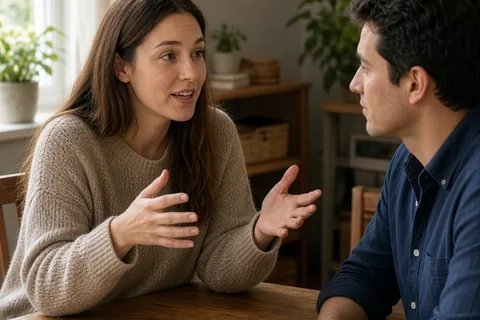 A woman with long straight brown hair and a man with short dark hair sit at a wooden table in a living room, the woman speaking about her household preferences