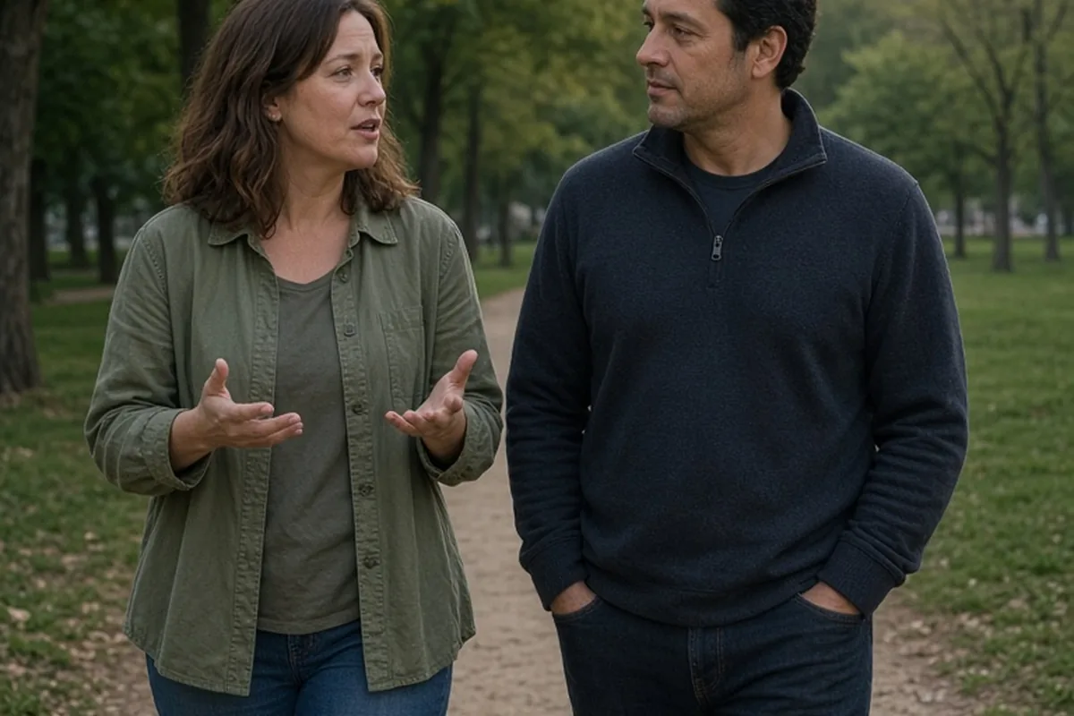 A woman with shoulder-length brown hair and a man with short dark hair walking in a park at dusk, the woman talking to the man.