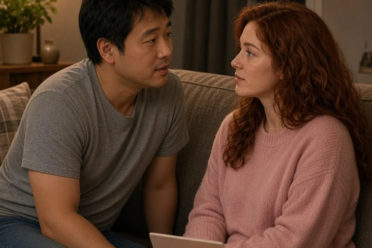 A man with short black hair in a gray t-shirt explaining his busy day to his partner with wavy auburn hair in a pink sweater sitting on a sofa in a living room