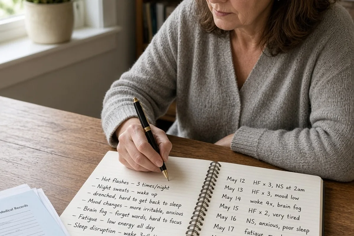 A woman in her mid-50s writing symptom journal notes at her desk with entries for hot flashes and night sweats