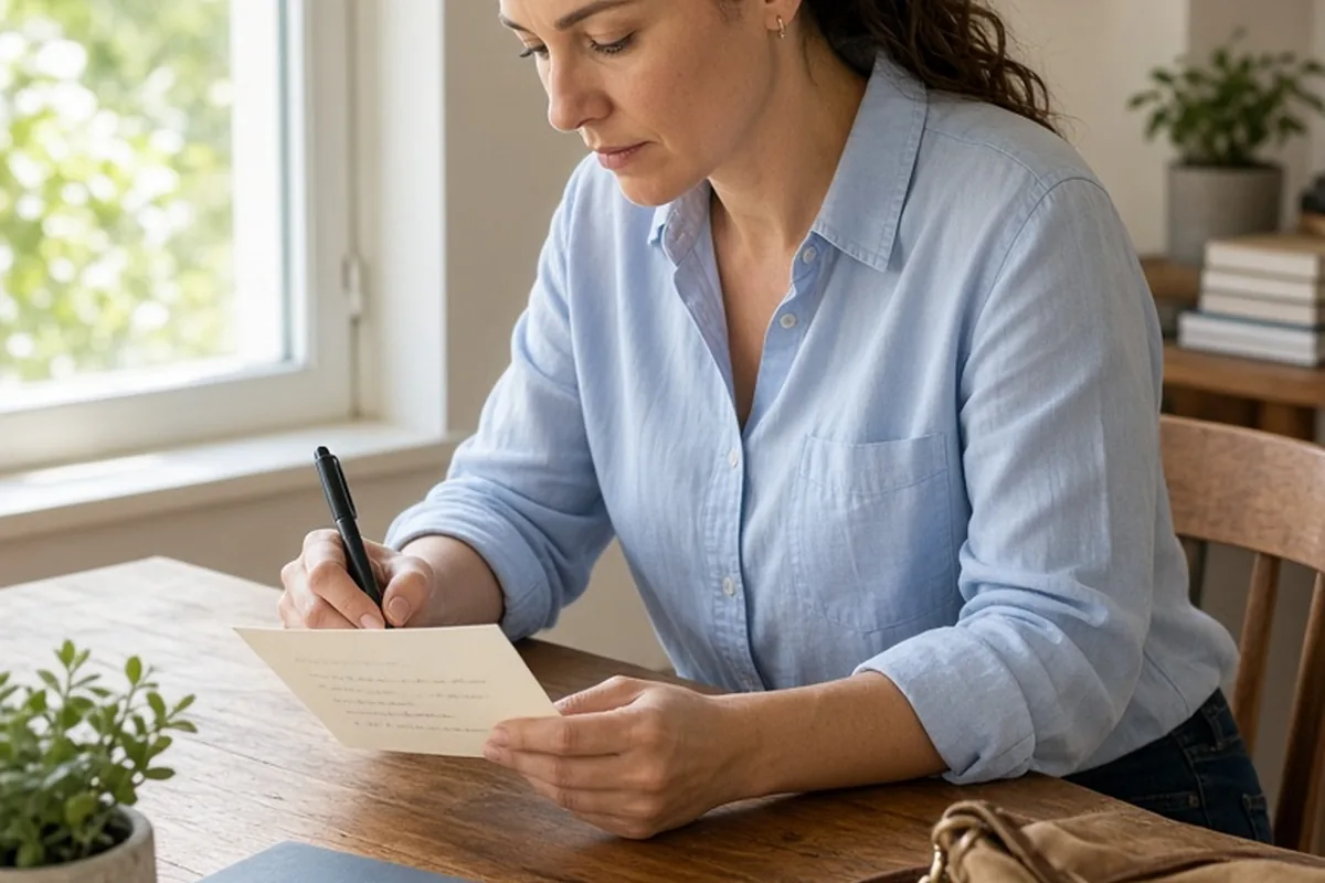 Woman in a home office writing her top three health concerns on an index card