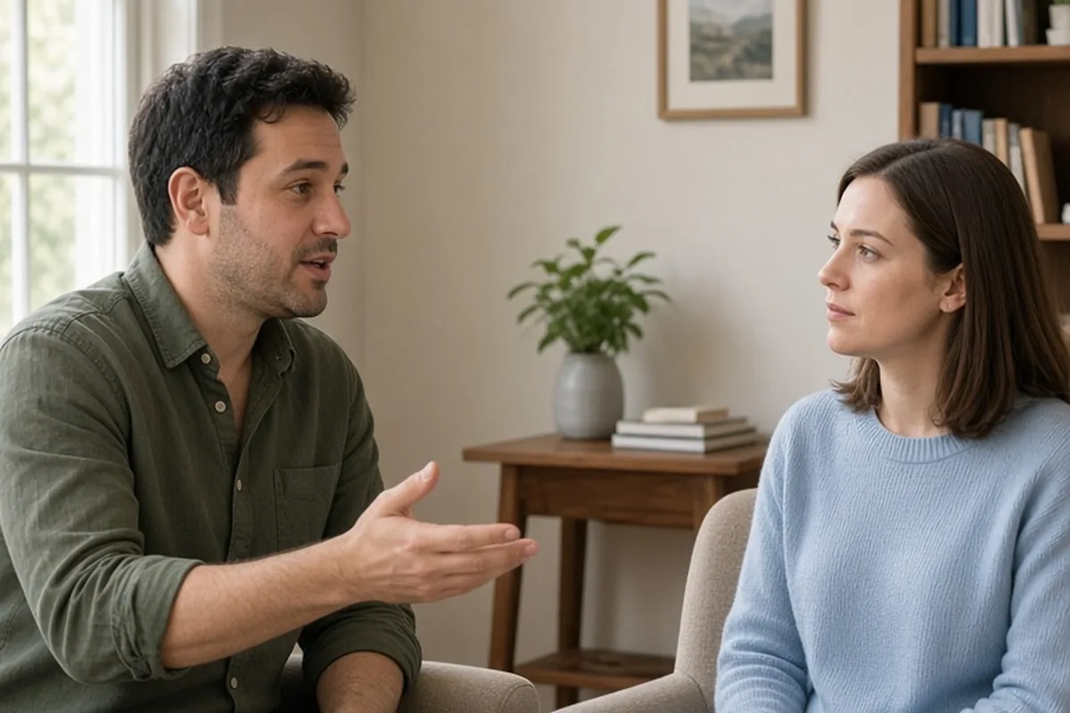 A man and woman sitting in armchairs facing each other in a therapy office, the man gesturing calmly as the woman listens
