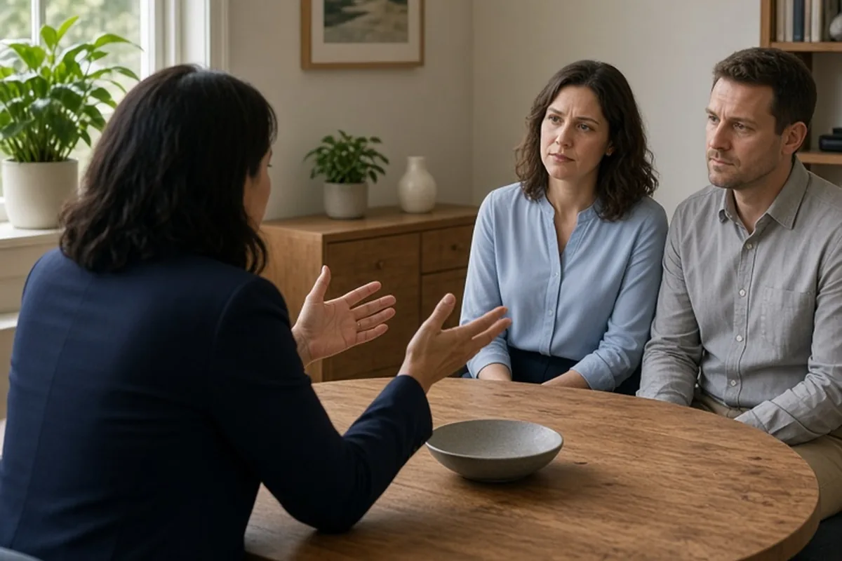 Therapist in navy suit leaning forward gesturing at a wooden table in a therapy office as she explains conversation windows to a woman in blue blouse and a man in gray shirt seated across from her