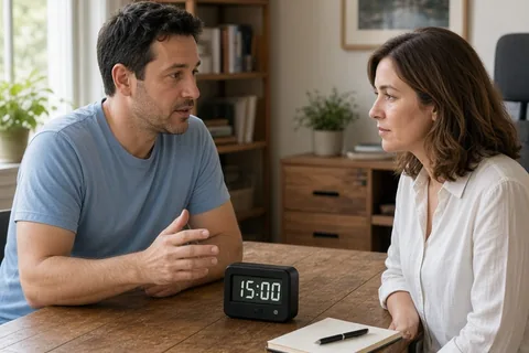Two adults at a wooden desk in an office engaged in conversation with a timer between them
