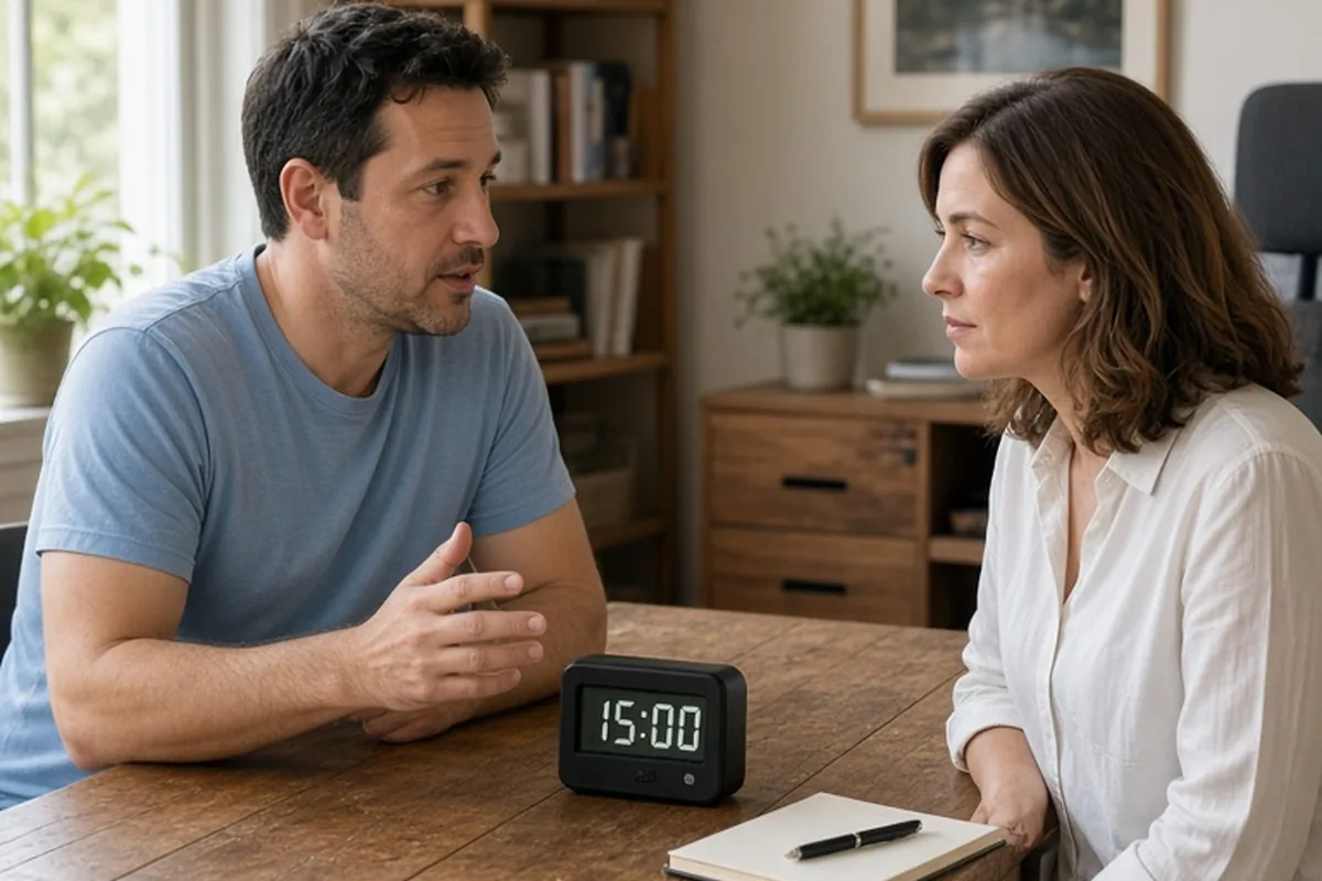 Two adults at a wooden desk in an office engaged in conversation with a timer between them