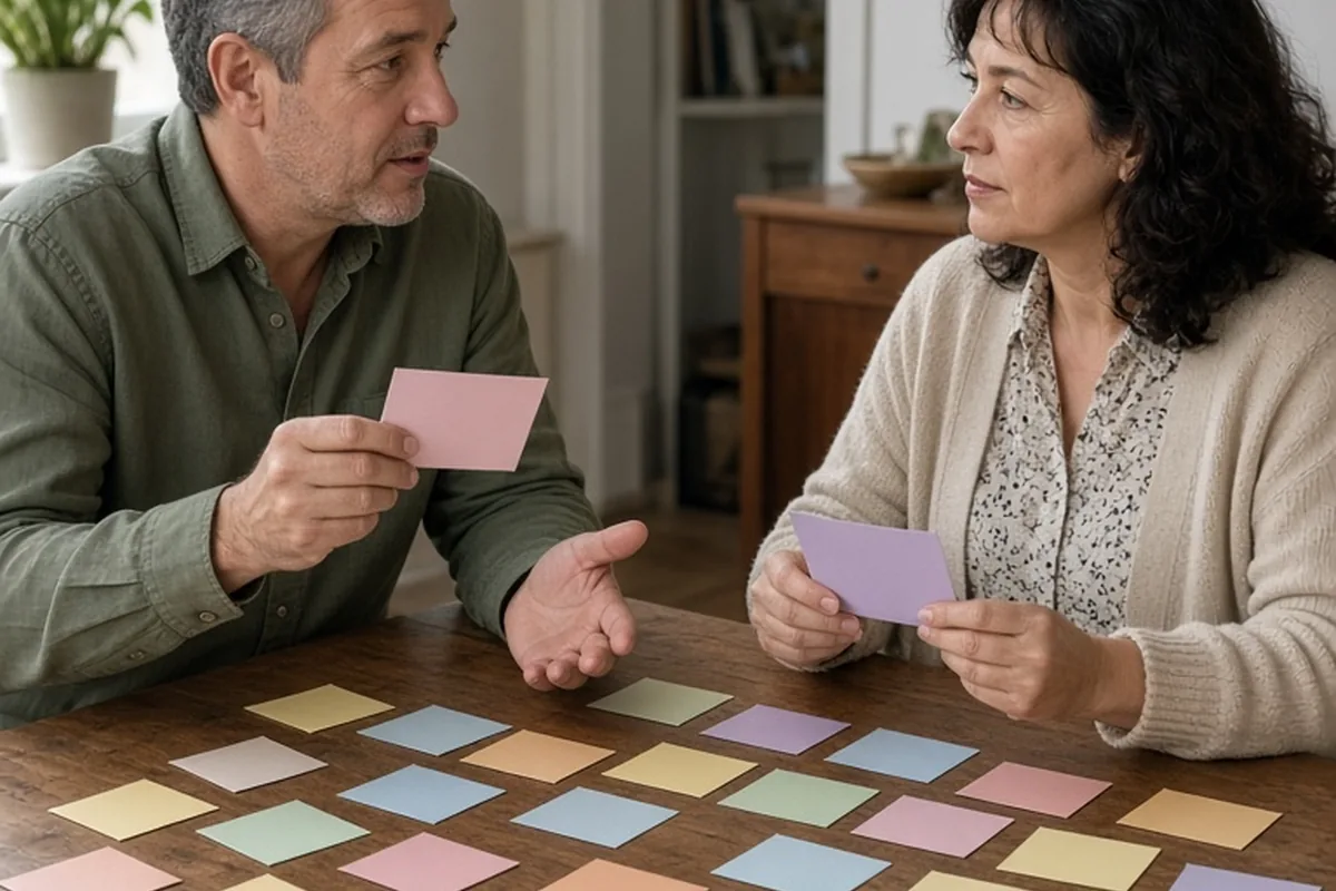 A man and woman at a table sorting index cards for household tasks