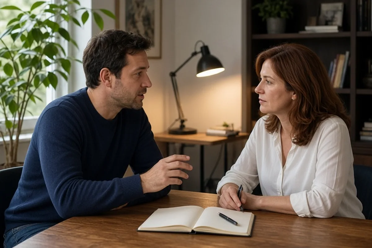 A man with short dark hair and a woman with auburn hair at a wooden table in a home office during a daily emotional check-in conversation, the man speaking while the woman summarizes what she heard