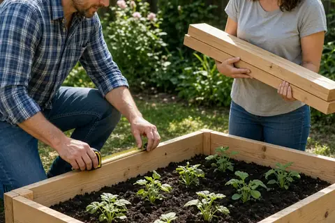A clearly adult couple building a raised garden bed frame together in a sunny backyard, man holding a measuring tape and woman carrying wooden planks, garden bed filled with dark soil and green seedli