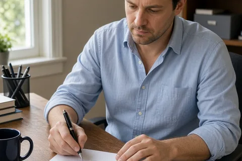 A man in his thirties with short brown hair writing a letter at a desk in a quiet home office.