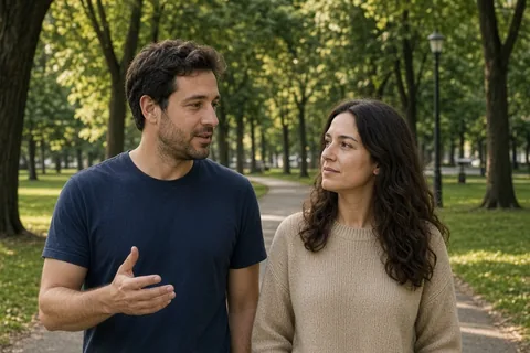 A couple walking side by side in a park during a calm morning conversation