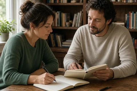 A woman writing in a shared journal at a wooden desk in a home study with a man reading nearby.