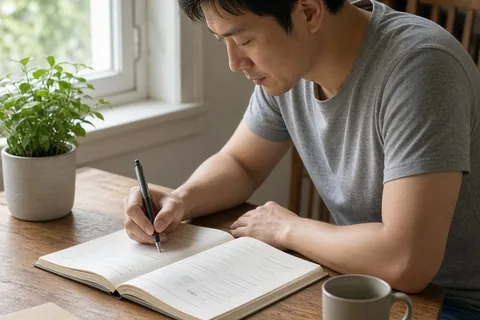 A clearly adult man writing in a workbook at a desk in a home office