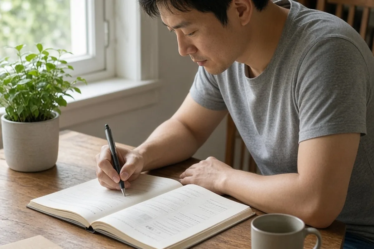 A clearly adult man writing in a workbook at a desk in a home office