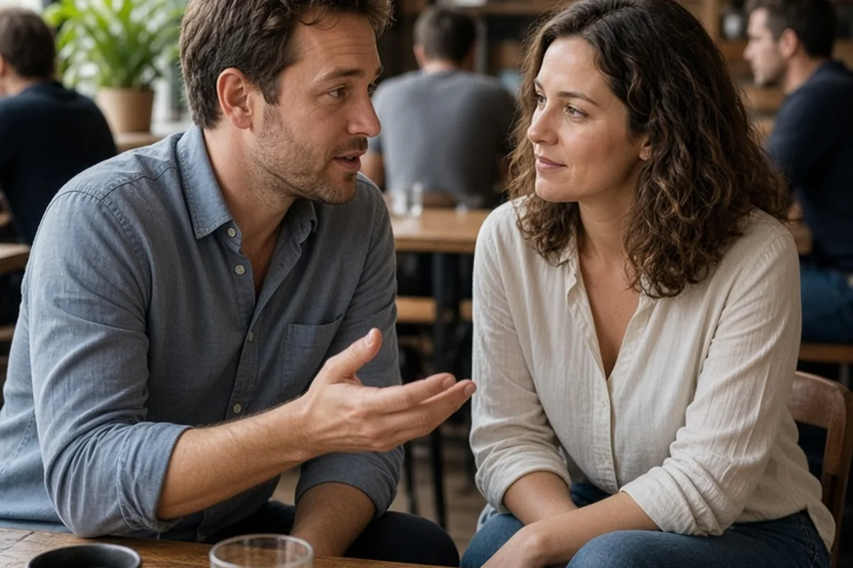 A man and woman sitting at a cafe table in conversation, the man gesturing and the woman listening