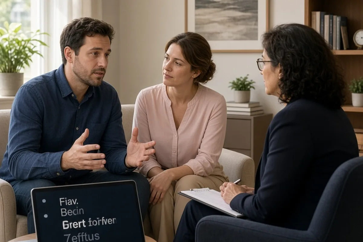 A man and woman in a therapy session with their counselor, the man speaking and gesturing to illustrate a communication point while the woman listens