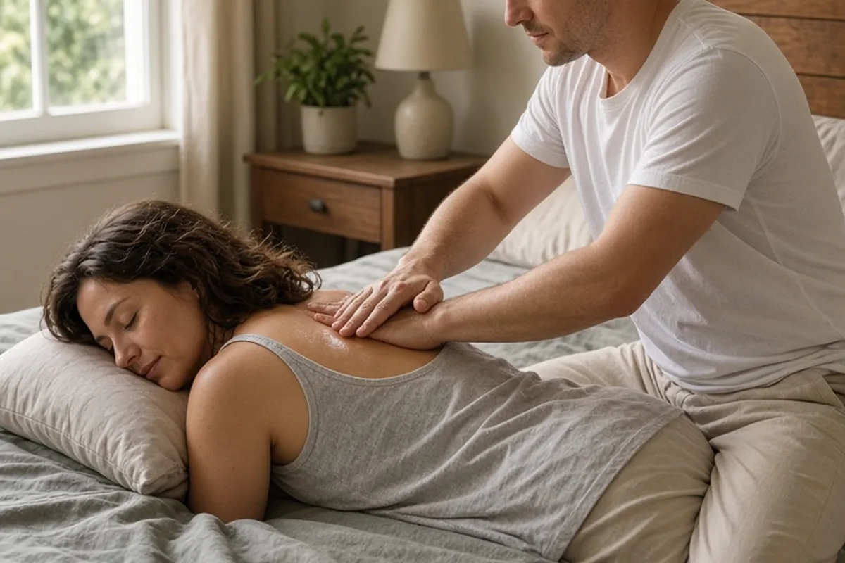 A woman with shoulder-length wavy brown hair lying face down on a bed while a man massages her back and shoulders in a cozy bedroom.