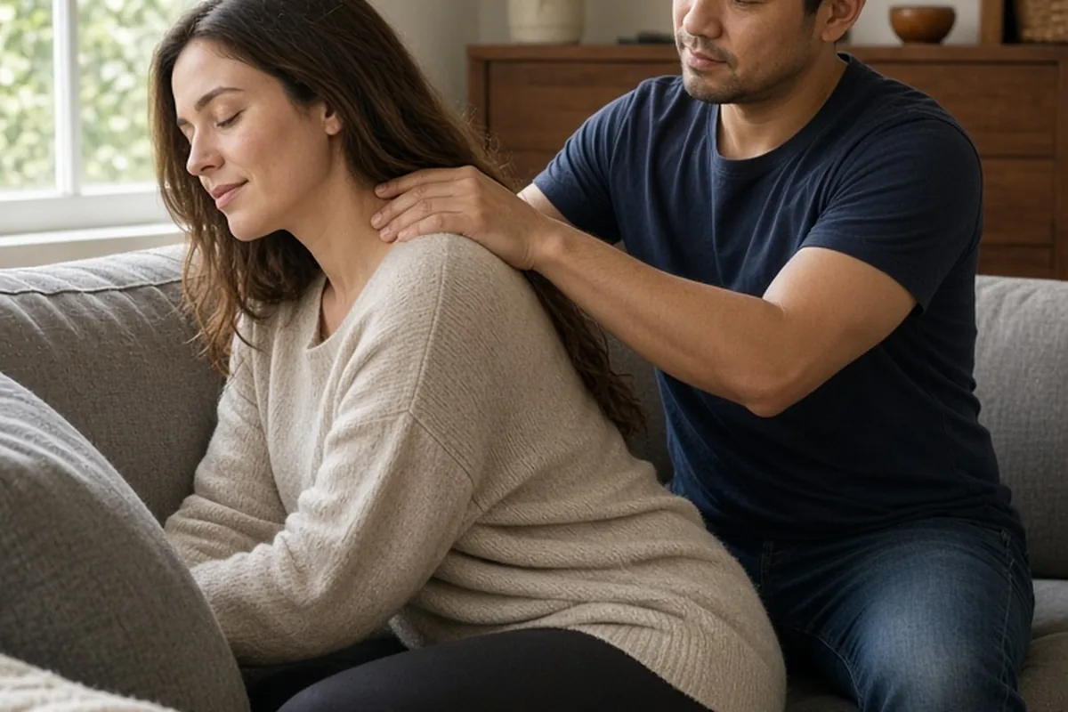 A man gently massaging a woman's back on the sofa in a home living room.