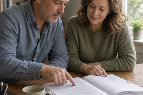 A man and a woman in their forties sit at a wooden desk in a home office reviewing a legal document with pens.