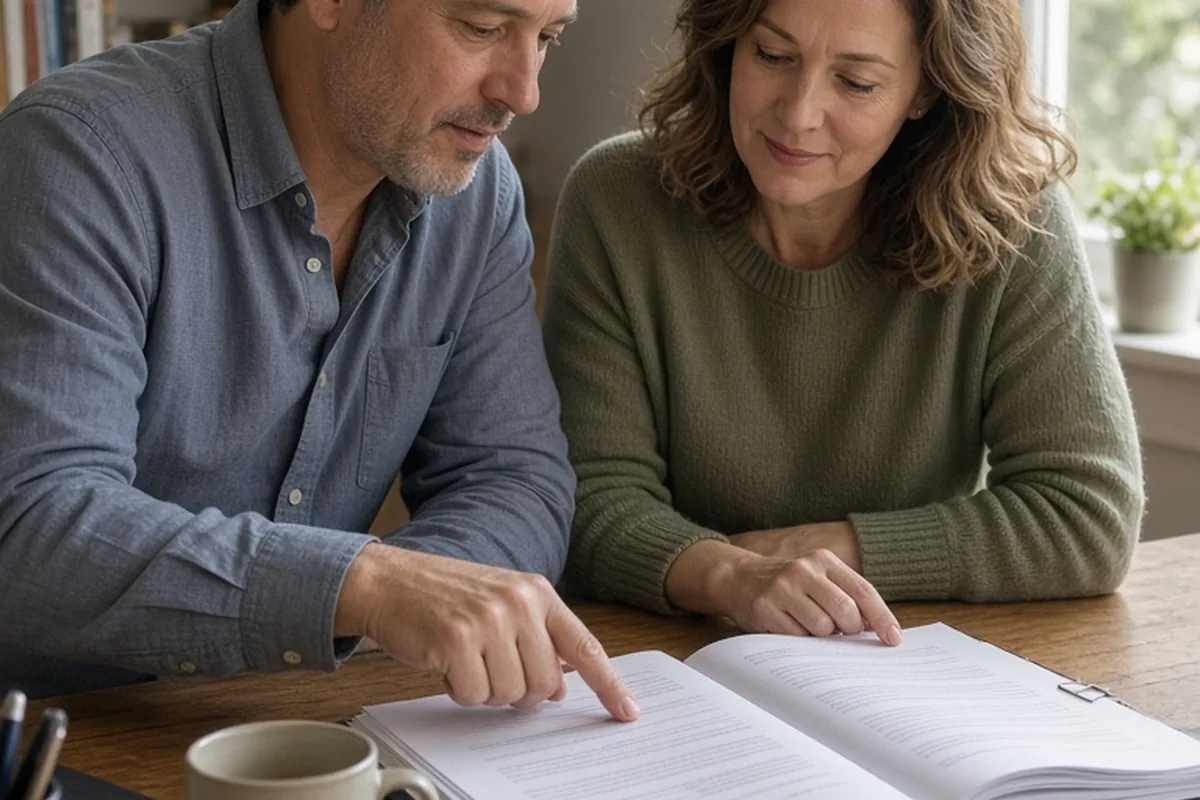 A man and a woman in their forties sit at a wooden desk in a home office reviewing a legal document with pens.
