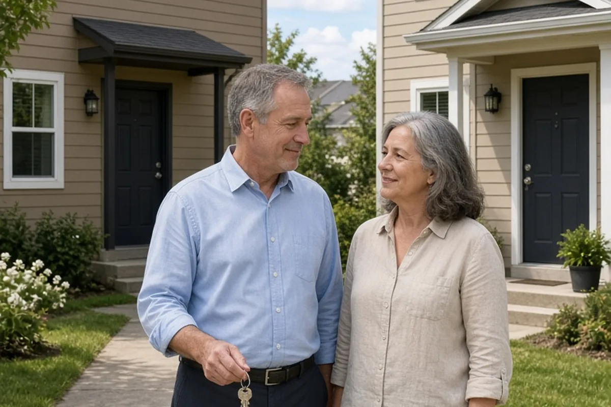 A middle-aged man and woman standing in front of two apartment buildings, each holding a set of keys, in a suburban neighborhood