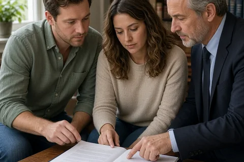 A couple and a lawyer reviewing an open legal agreement at a desk in an office