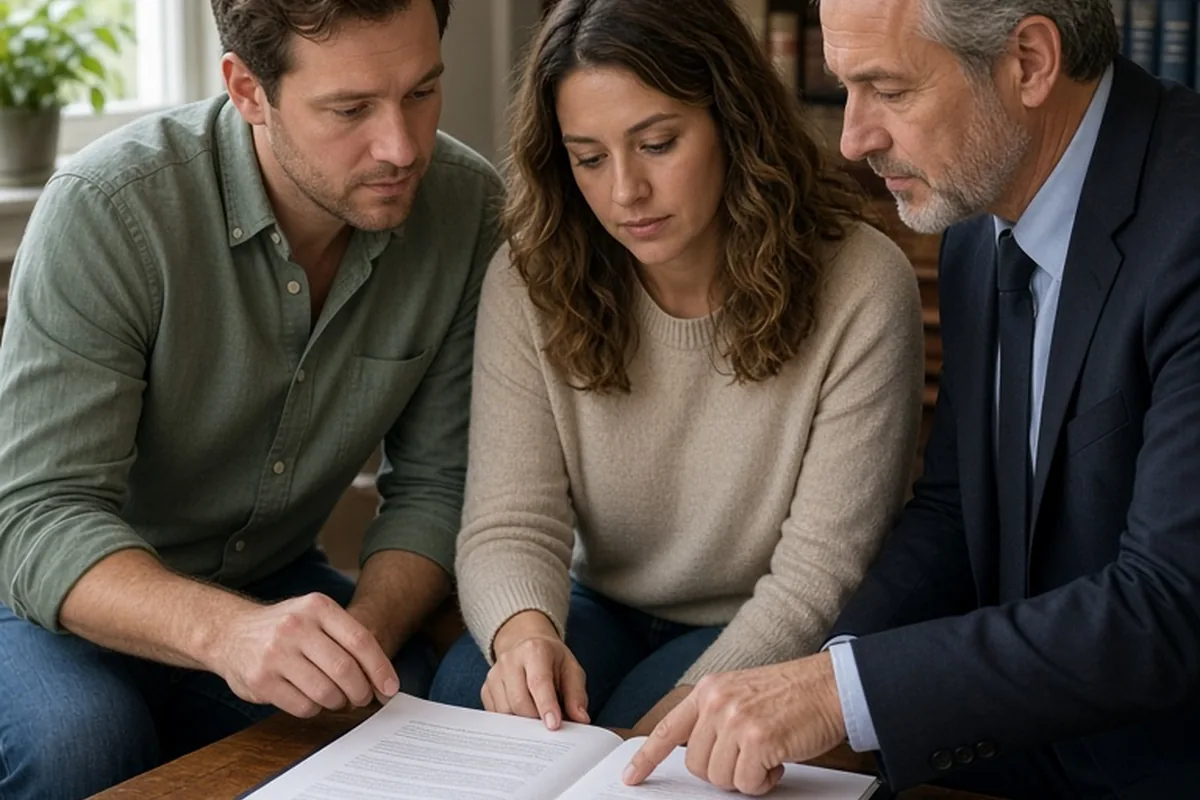 A couple and a lawyer reviewing an open legal agreement at a desk in an office