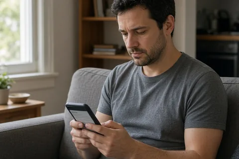 A person sitting alone on a couch in an apartment, looking at their smartphone
