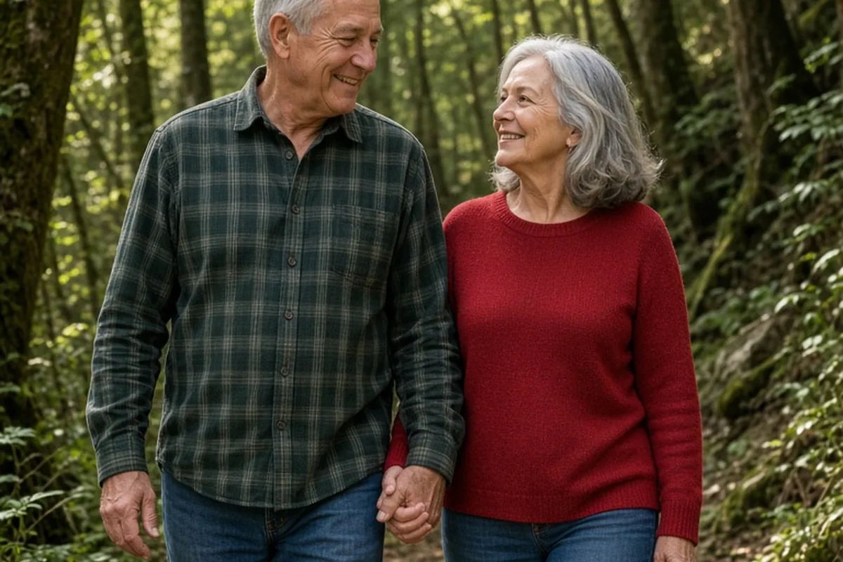 A man in his late sixties with short gray hair and a woman in her late sixties with shoulder-length gray hair walking hand in hand on a hiking trail through the woods.