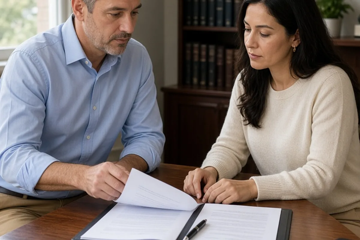 A man and a woman reviewing an open legal document at a desk in a law office.