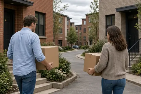 Two adults carrying boxes walking towards two separate apartment buildings in a residential neighborhood