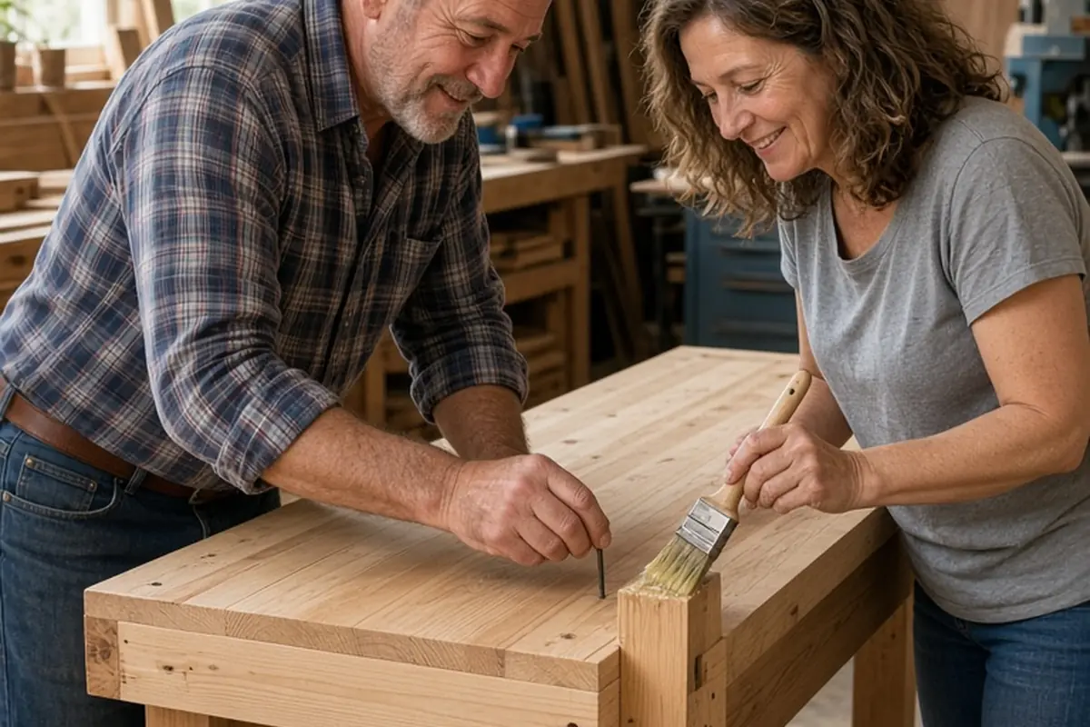 A midlife couple in a workshop building a wooden bench, one holding a nail and the other applying glue, tools scattered on the table