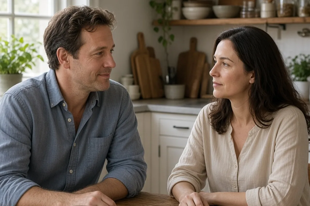 Photorealistic image of a man and woman at a kitchen table in calm conversation during their weekly check-in, the man speaking while the woman listens, natural light from the window