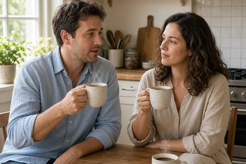 A couple sitting at a kitchen table engaged in a calm morning conversation while sipping coffee.