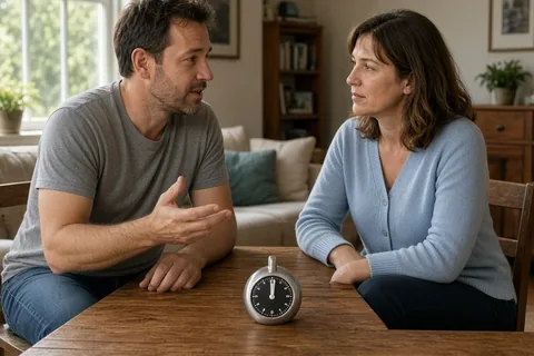 A man with short brown hair speaking into a kitchen timer at a wooden table while a woman with shoulder-length brown hair listens attentively in a home living room.