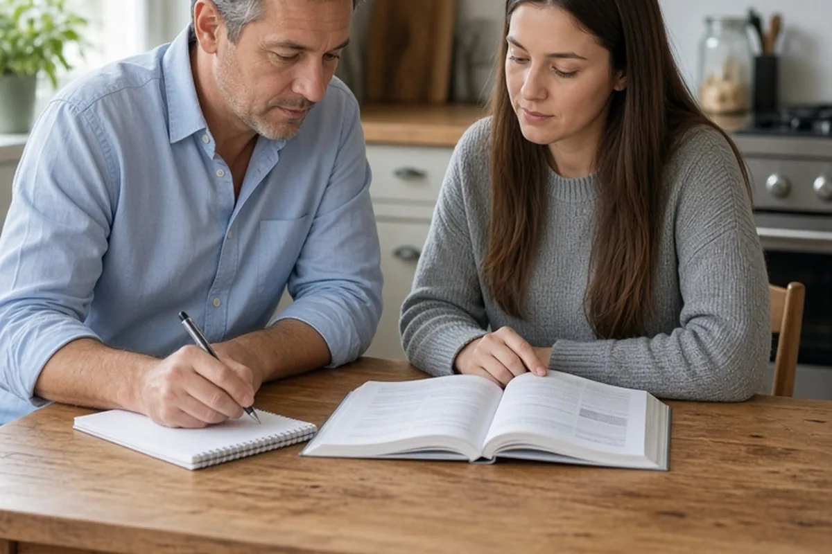 A man in his mid-forties with salt-and-pepper hair and a woman in her thirties with long brown hair sitting at a kitchen table with an open workbook between them, the woman reading while the man write