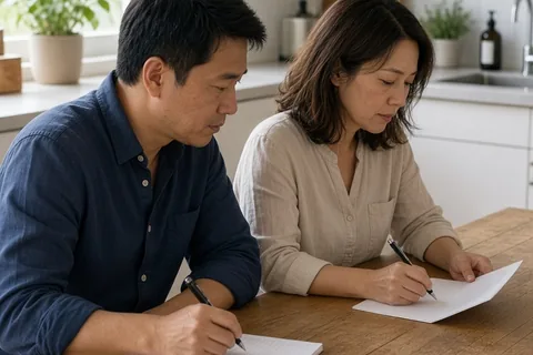 A man with short black hair and a woman with dark brown hair sitting at a kitchen table, the man writing on a notepad with a pen as the woman listens and writes back.