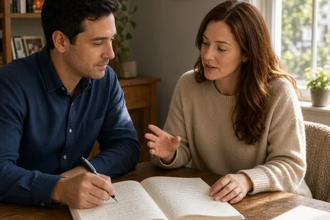A man and woman at a desk in a home office with an open workbook between them, one writing notes and the other reading
